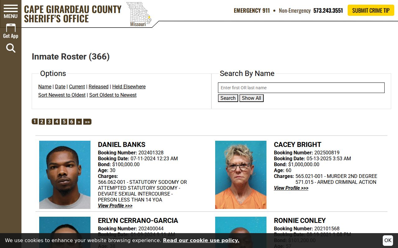 Cape Girardeau resident lookup roster interface with name, date, current, released, and held elsewhere controls